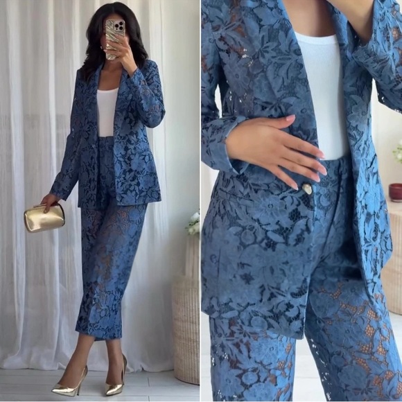 ZARA WOMAN NWT SS25 BLUE BLAZER & CROPPED LACE PANTS - Picture 1 of 16